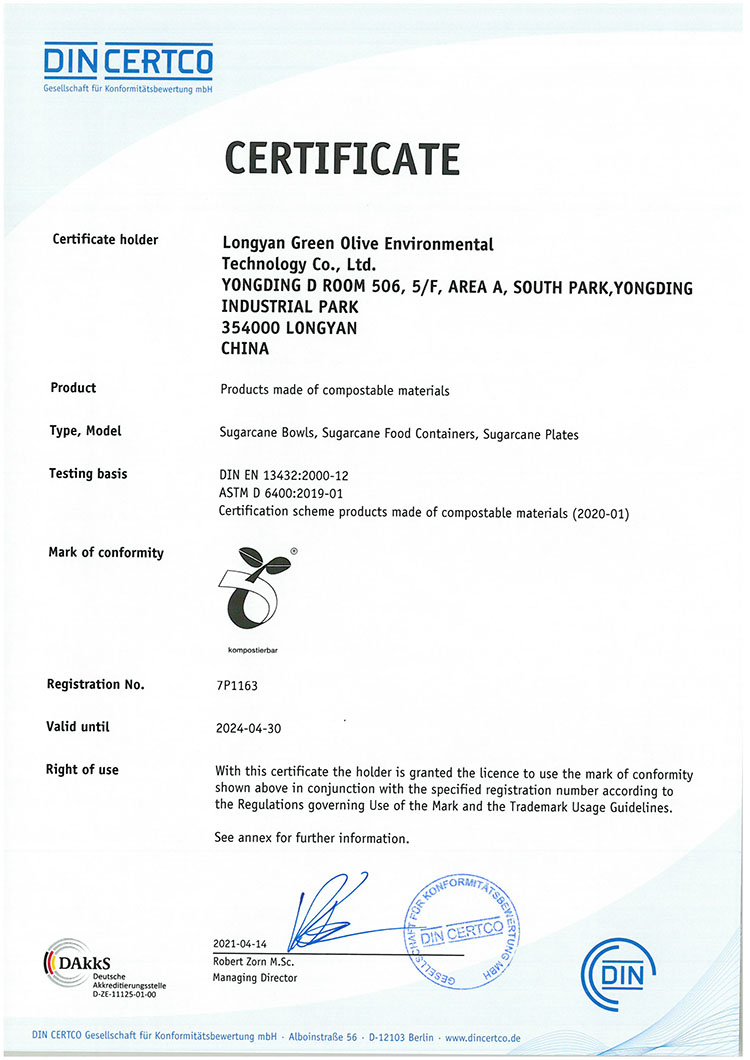 Certificate of Compostability according to EN13432 & ASTM D6400
