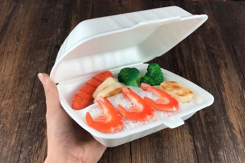Disposable foamed plastic takeaway lunch box