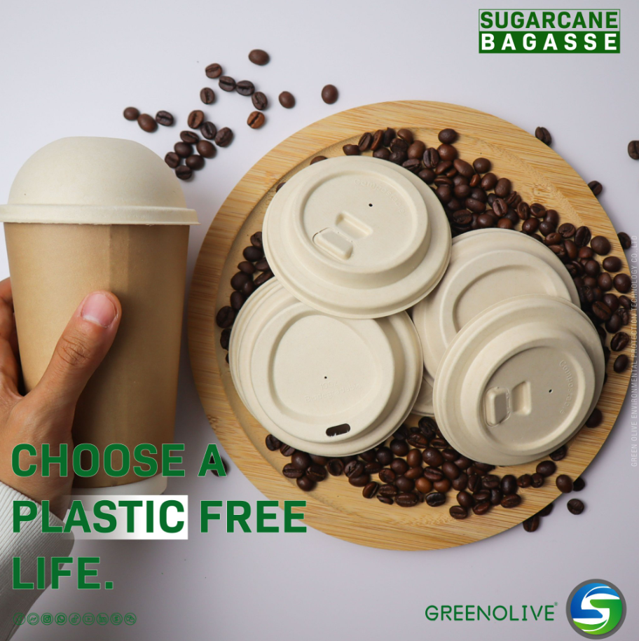 GREENOLIVE develops bagasse coffee cup lids made from bagasse